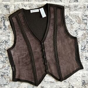 Liz Claiborne Vintage Genuine Suede Leather Brown Retro Bohemian V-Neck Vest